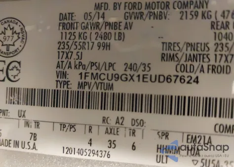 2014 Ford Escape Se z USA, uszkodzony, nr VIN 1FMCU9GX1EUD67624